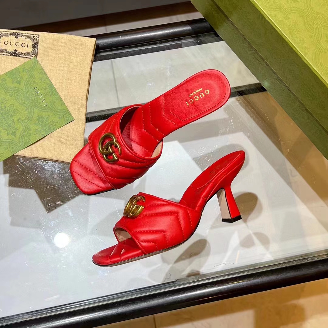 Gucci Women GG Double G Slide Sandal Red Chevron Matelassé Leather 7.6 cm Heel