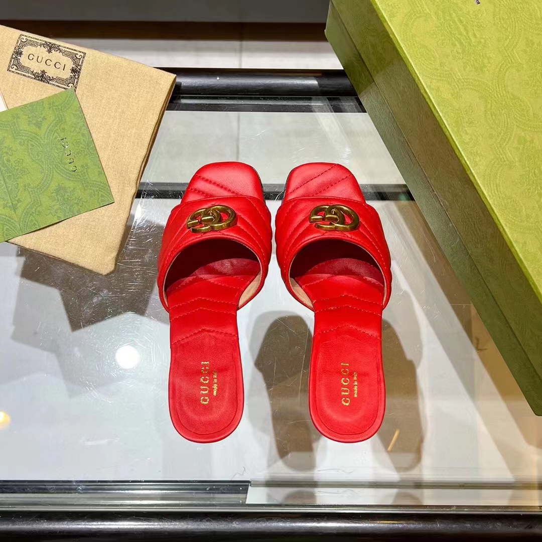 Gucci Women GG Double G Slide Sandal Red Chevron Matelassé Leather 7.6 cm Heel