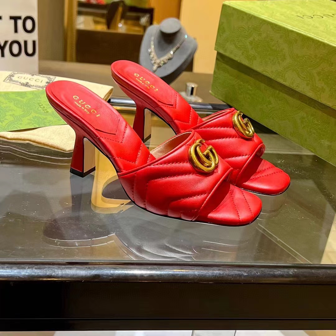 Gucci Women GG Double G Slide Sandal Red Chevron Matelassé Leather 7.6 cm Heel
