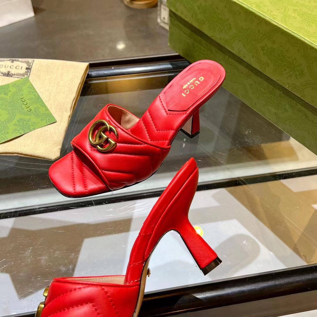 Gucci Women GG Double G Slide Sandal Red Chevron Matelassé Leather 7.6 cm Heel
