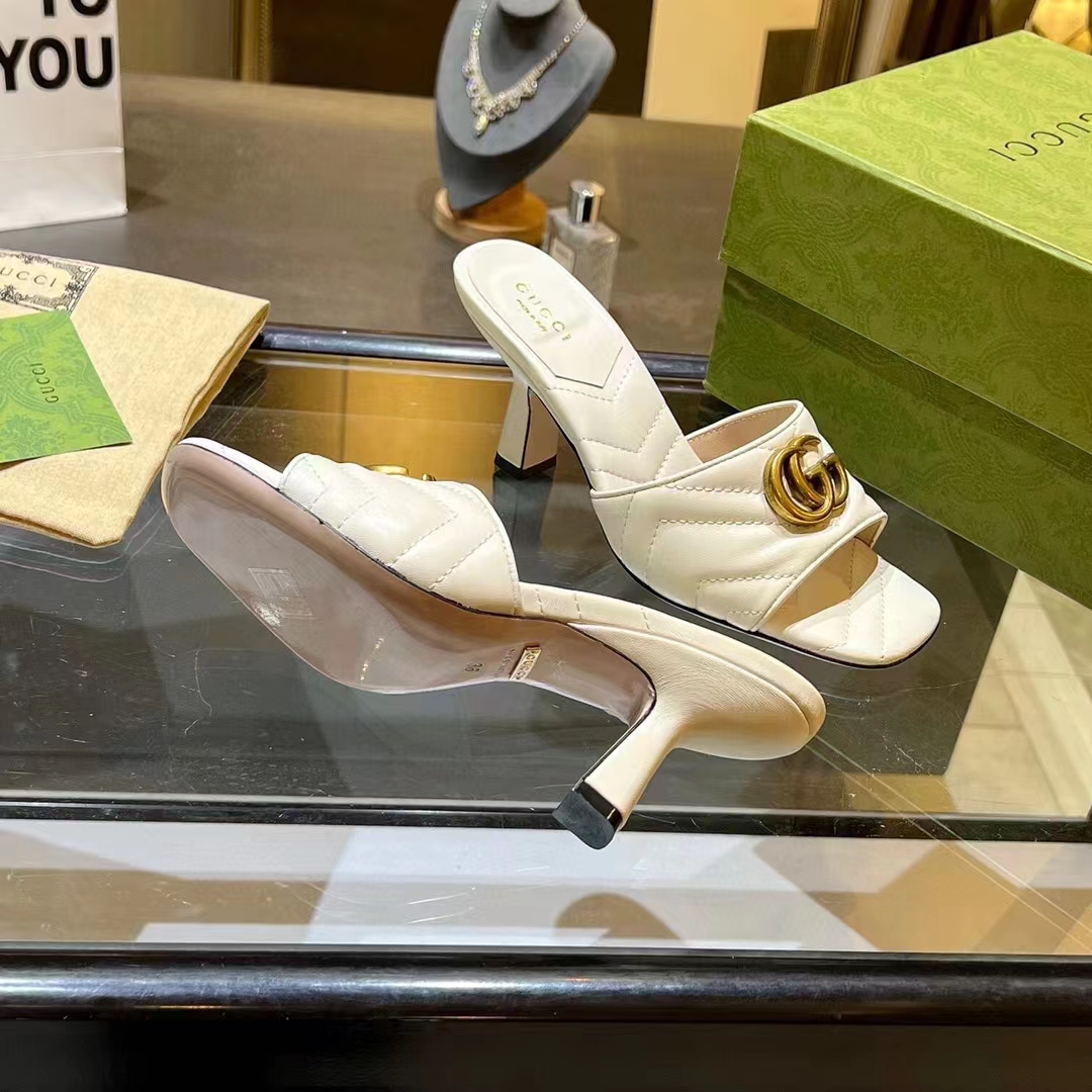 Gucci Women GG Double G Slide Sandal White Chevron Matelassé Leather 7.6 cm Heel
