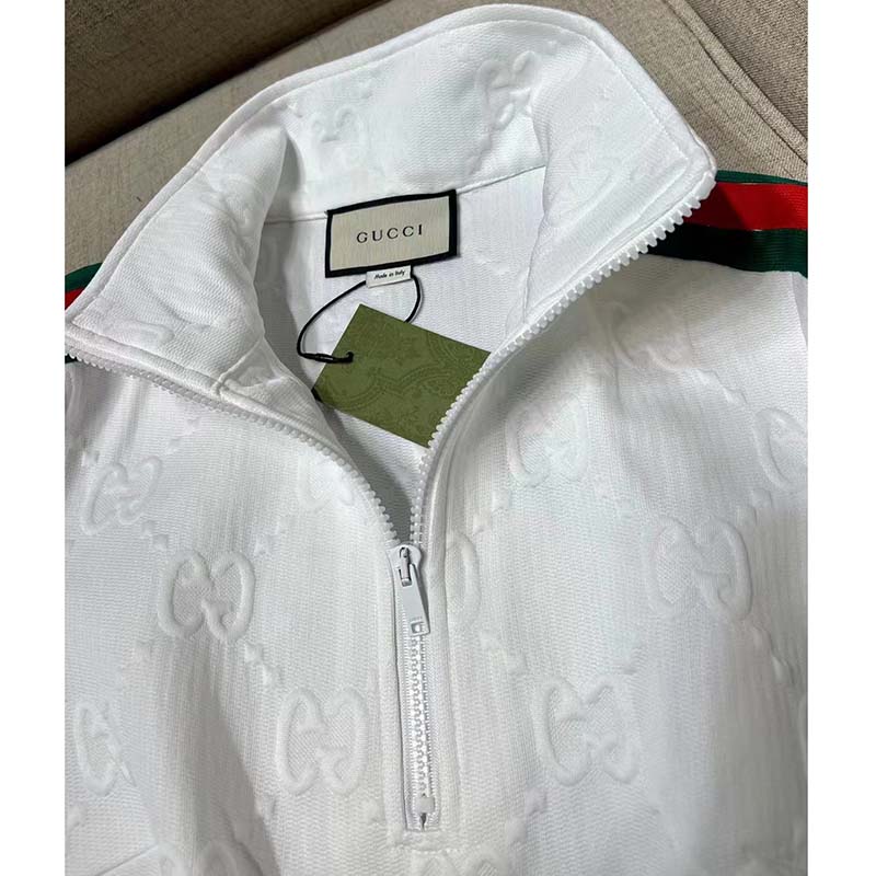 Gucci Women GG Jersey Jacquard Dress White High Neck Polyester Green Red Web