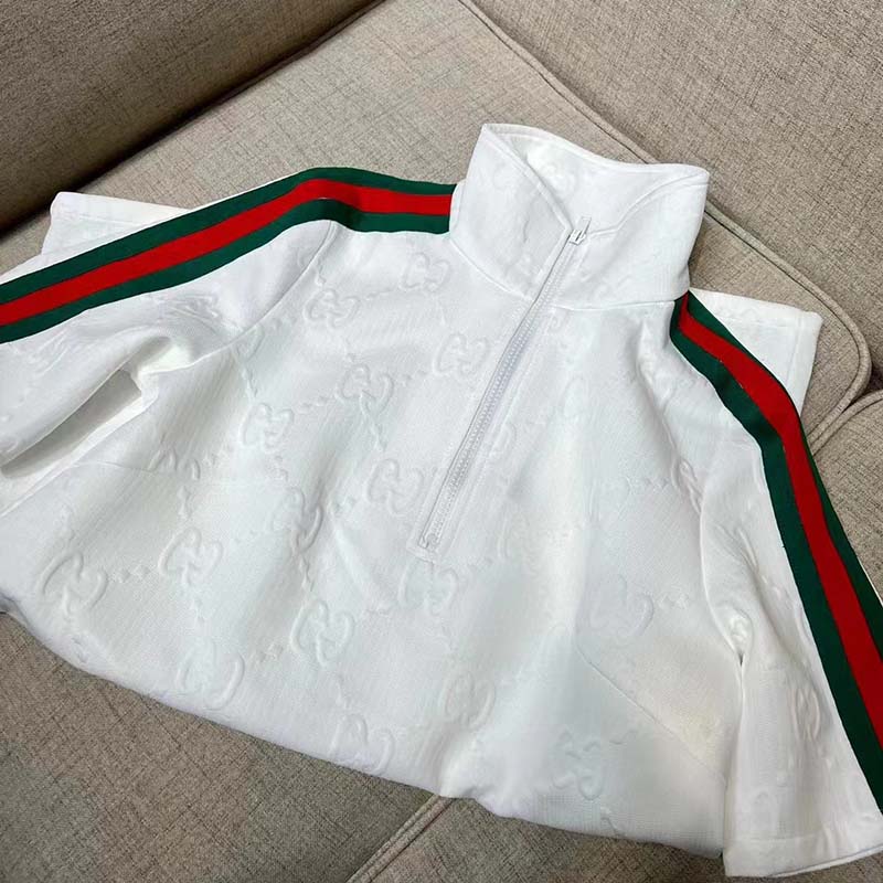 Gucci Women GG Jersey Jacquard Dress White High Neck Polyester Green Red Web