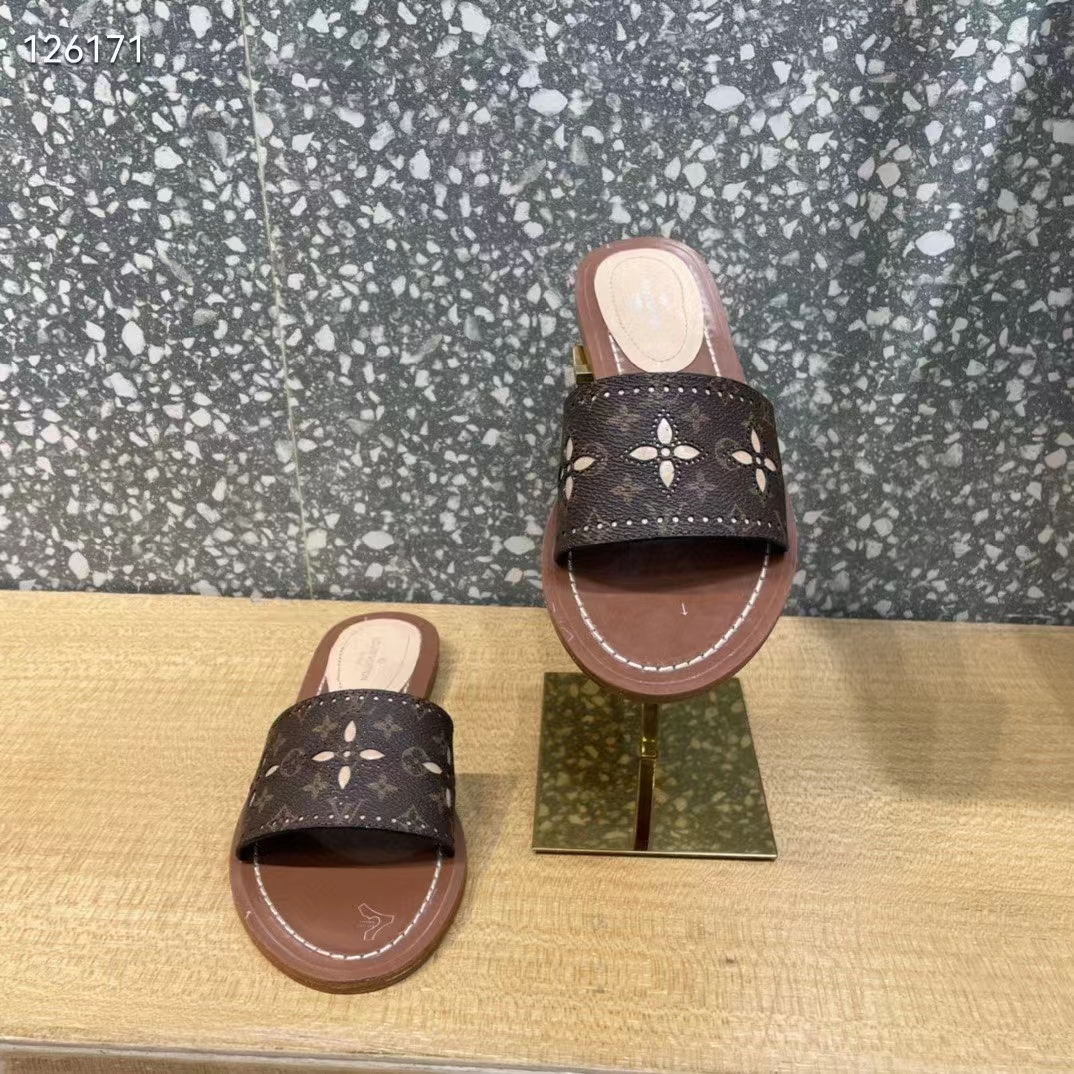 Louis Vuitton LV Women Lock It Flat Mule Gold Brown Perforated Monogram Canvas
