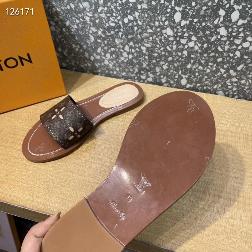 Louis Vuitton LV Women Lock It Flat Mule Gold Brown Perforated Monogram Canvas