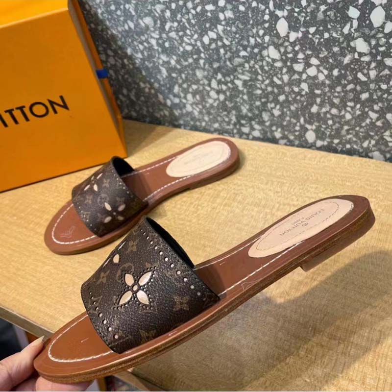 Louis Vuitton LV Women Lock It Flat Mule Gold Brown Perforated Monogram Canvas