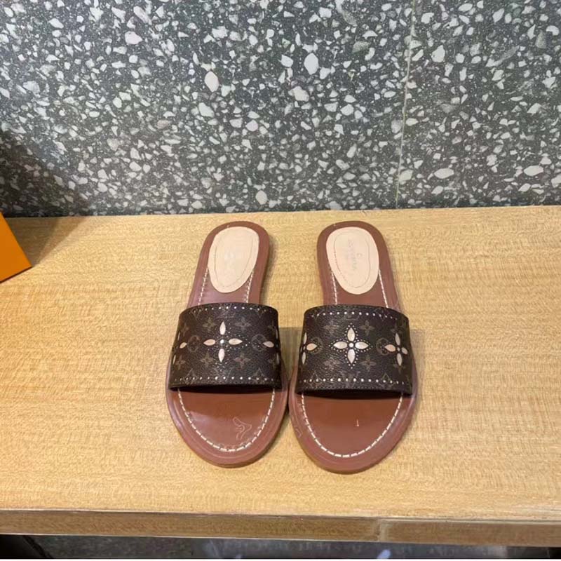 Louis Vuitton LV Women Lock It Flat Mule Gold Brown Perforated Monogram Canvas