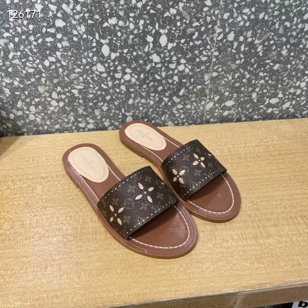 Louis Vuitton LV Women Lock It Flat Mule Gold Brown Perforated Monogram Canvas