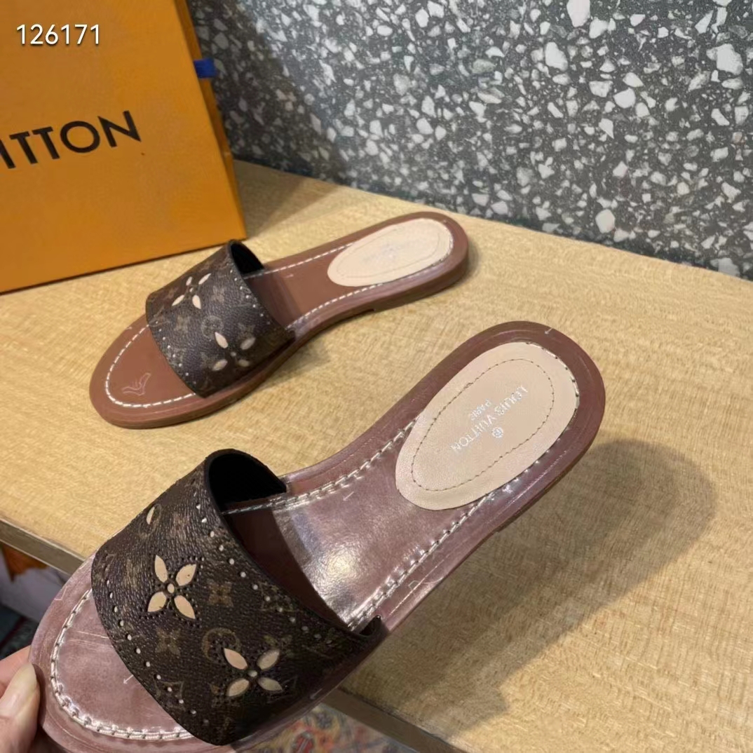Louis Vuitton LV Women Lock It Flat Mule Gold Brown Perforated Monogram Canvas