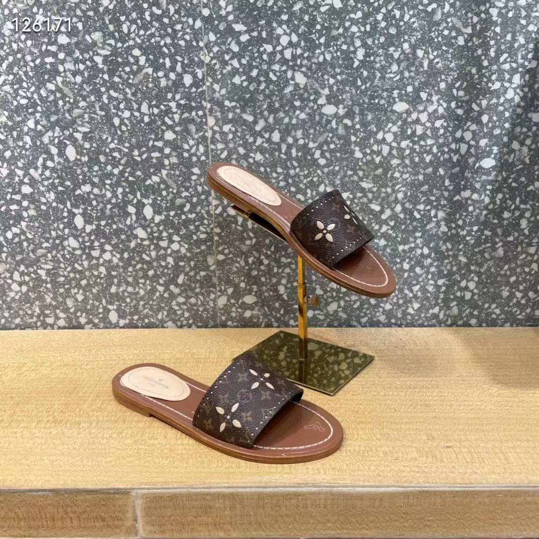 Louis Vuitton LV Women Lock It Flat Mule Gold Brown Perforated Monogram Canvas