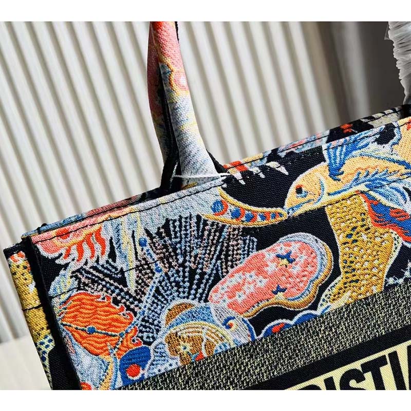 Dior Unisex CD Medium Book Tote Black Multicolor Dior Zodiac Fantastico Embroidery