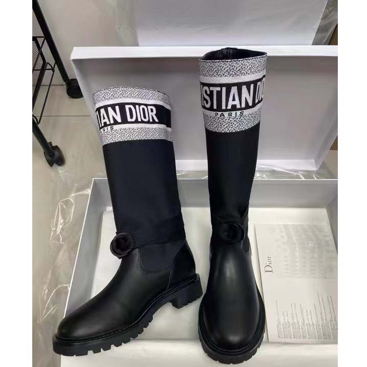 Dior Unisex CD Shoes D-Major Boot Black White Technical Fabric Black Calfskin