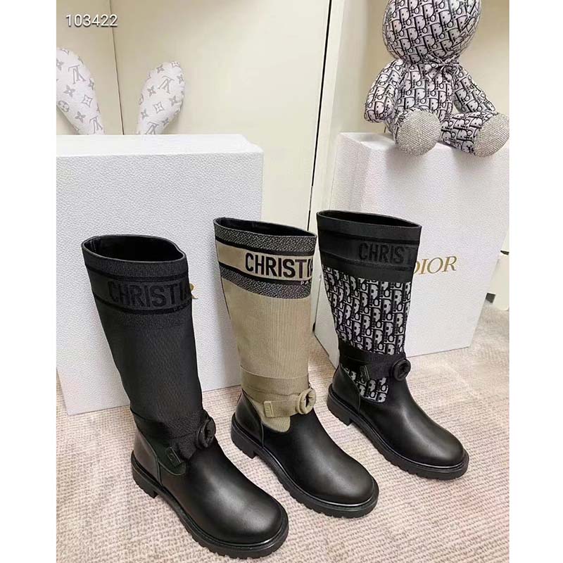 Dior Unisex CD Shoes D-Major Boot Black White Technical Fabric Black Calfskin