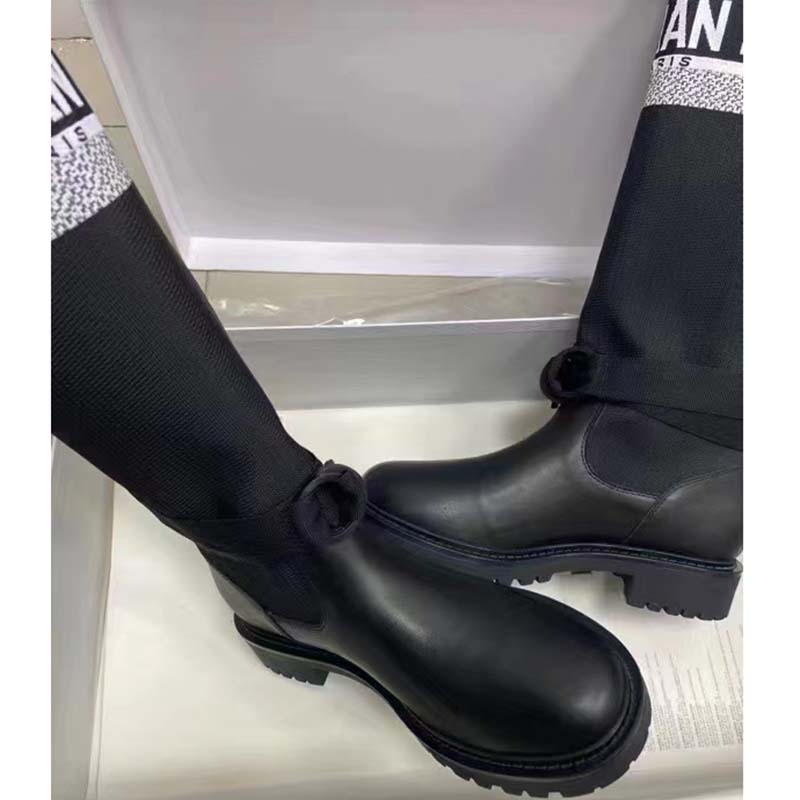 Dior Unisex CD Shoes D-Major Boot Black White Technical Fabric Black Calfskin