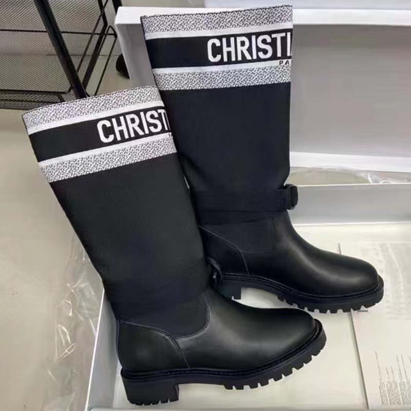 Dior Unisex CD Shoes D-Major Boot Black White Technical Fabric Black Calfskin