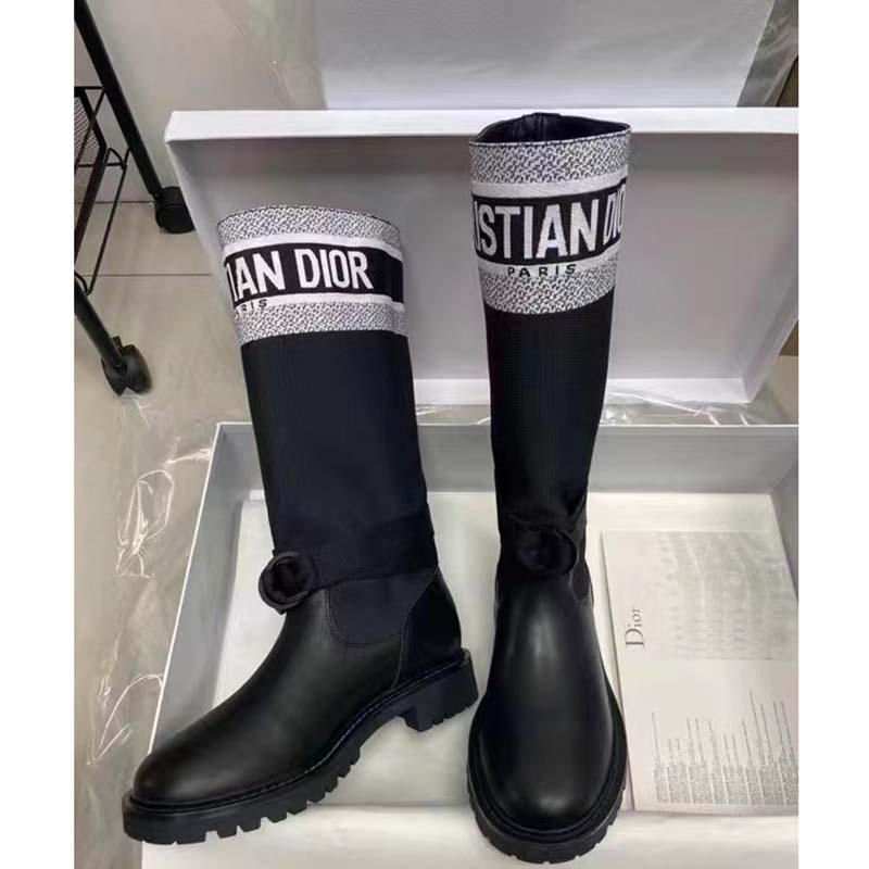 Dior Unisex CD Shoes D-Major Boot Black White Technical Fabric Black Calfskin