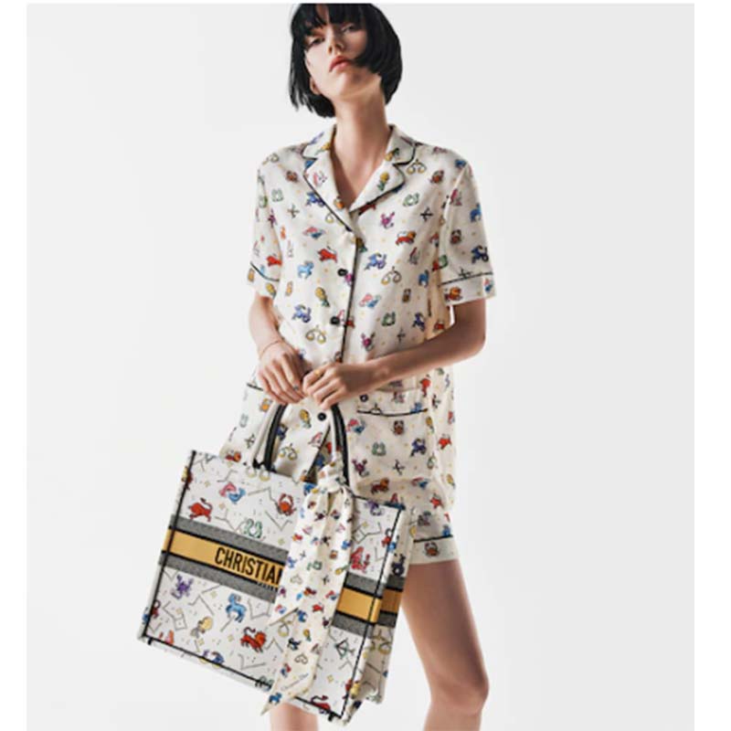 Dior Women CD Large Dior Book Tote Latte Multicolor Dior Pixel Zodiac Embroidery