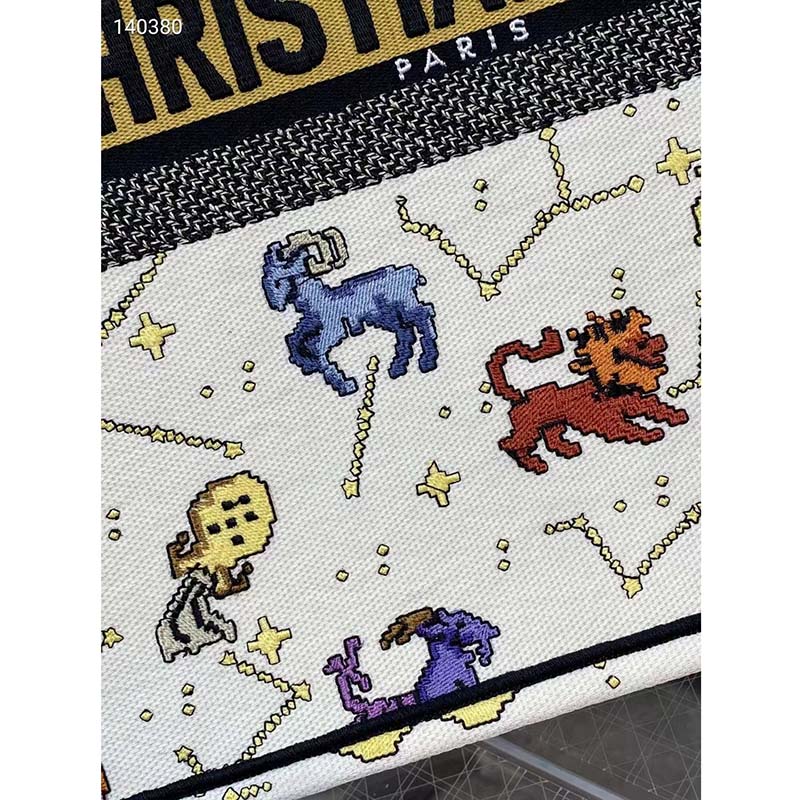 Dior Women CD Large Dior Book Tote Latte Multicolor Dior Pixel Zodiac Embroidery