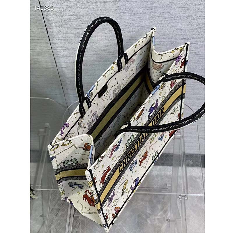 Dior Women CD Large Dior Book Tote Latte Multicolor Dior Pixel Zodiac Embroidery