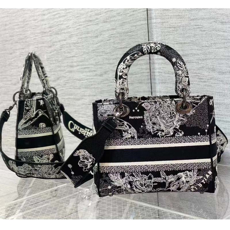 Dior Women CD Medium Lady D-Lite Bag Black Toile De Jouy Zodiac Embroidery
