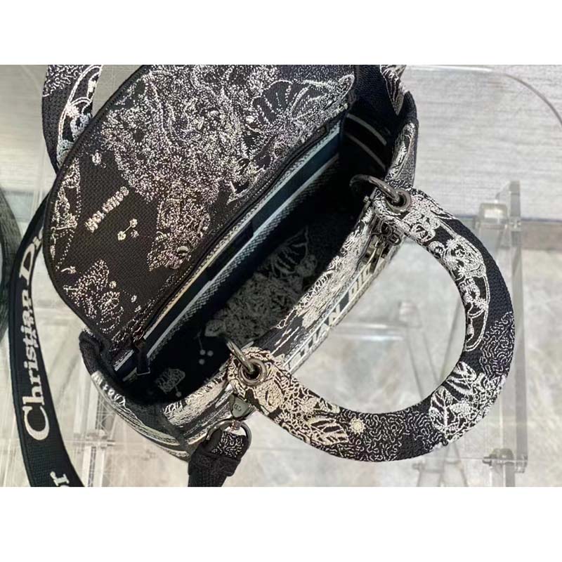 Dior Women CD Medium Lady D-Lite Bag Black Toile De Jouy Zodiac Embroidery