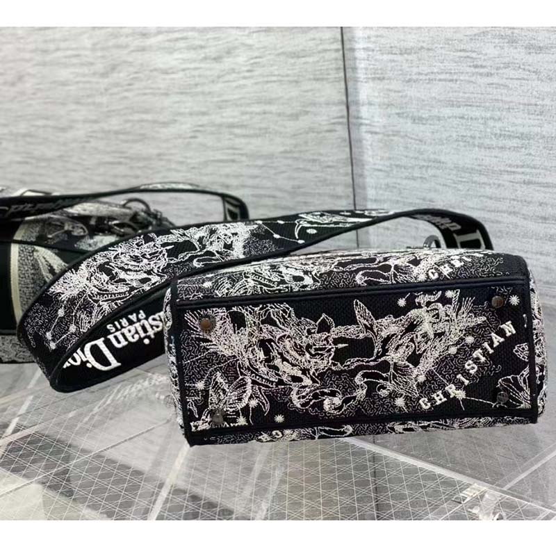 Dior Women CD Medium Lady D-Lite Bag Black Toile De Jouy Zodiac Embroidery