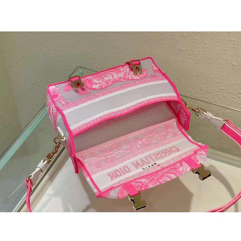 Dior Women CD Small Diorcamp Bag Transparent Canvas Fluorescent Pink Toile De Jouy