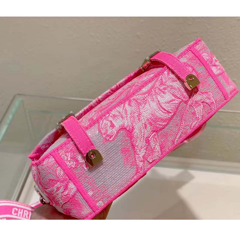 Dior Women CD Small Diorcamp Bag Transparent Canvas Fluorescent Pink Toile De Jouy