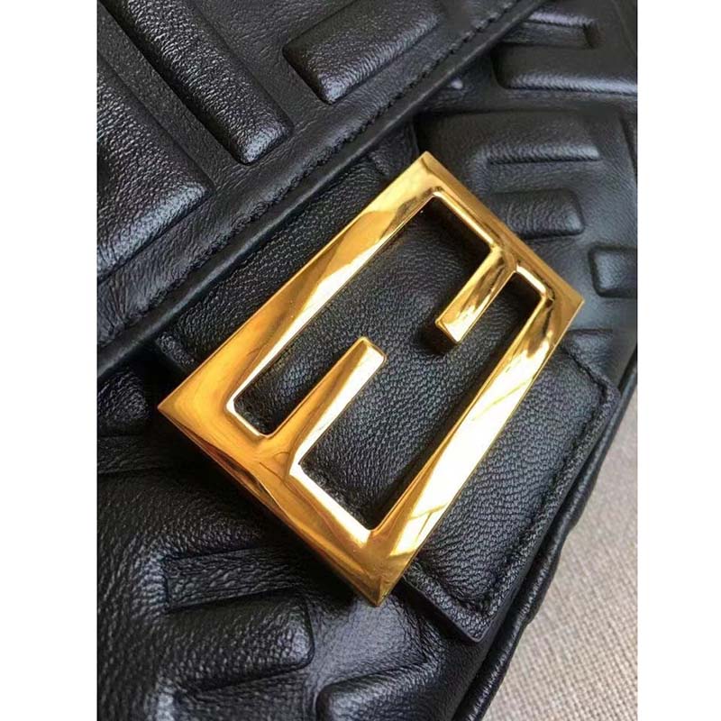 Fendi Women Baguette Chain Midi Black Nappa Leather Bag