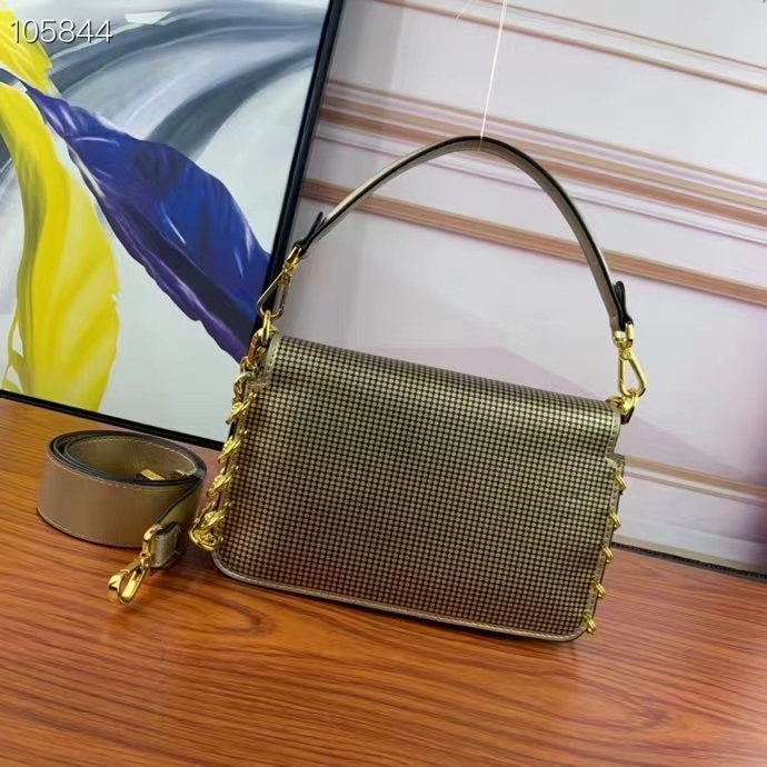 Fendi Women FF Baguette Brooch Fendace Bag Gold Perforated Leather