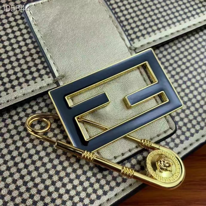 Fendi Women FF Baguette Brooch Fendace Bag Gold Perforated Leather