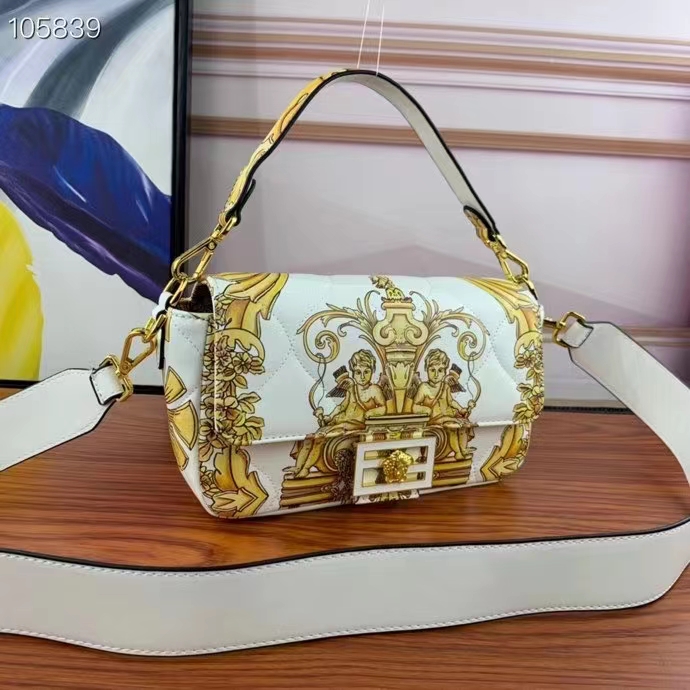 Fendi Women FF Baguette Fendace Quilted White Silk Bag