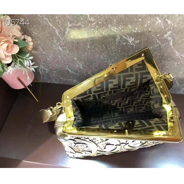Fendi Women FF Fendi First Medium Fendace Gold-Colored Leather Bag Appliqués