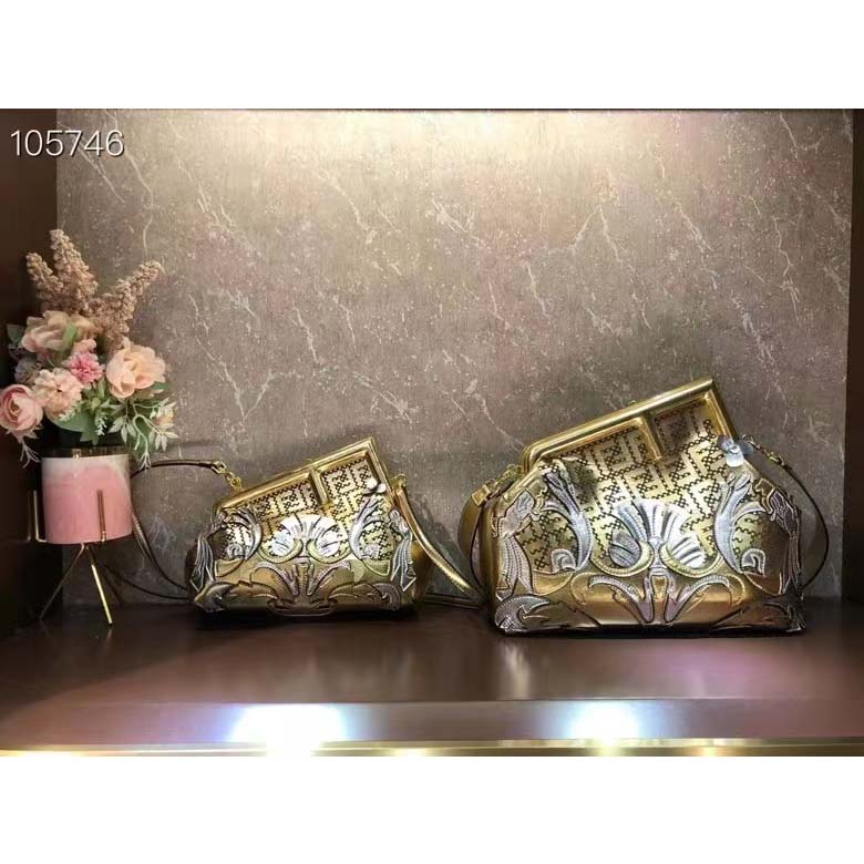 Fendi Women FF Fendi First Medium Fendace Gold-Colored Leather Bag Appliqués