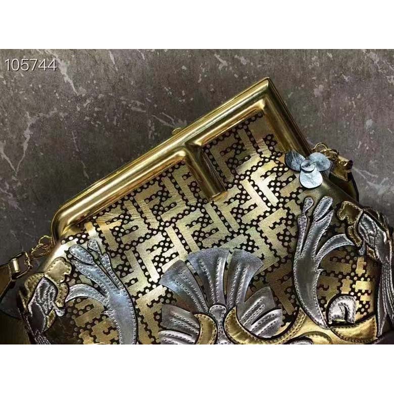 Fendi Women FF Fendi First Medium Fendace Gold-Colored Leather Bag Appliqués