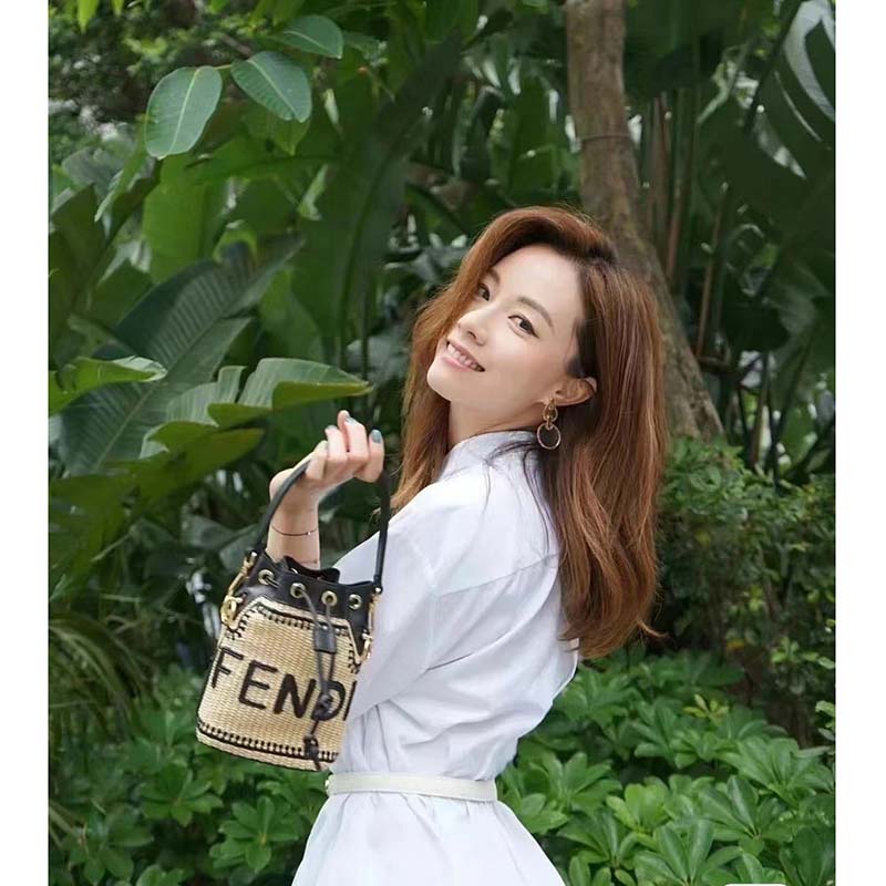Fendi Women Mon Tresor Beige Black Straw Mini Bag