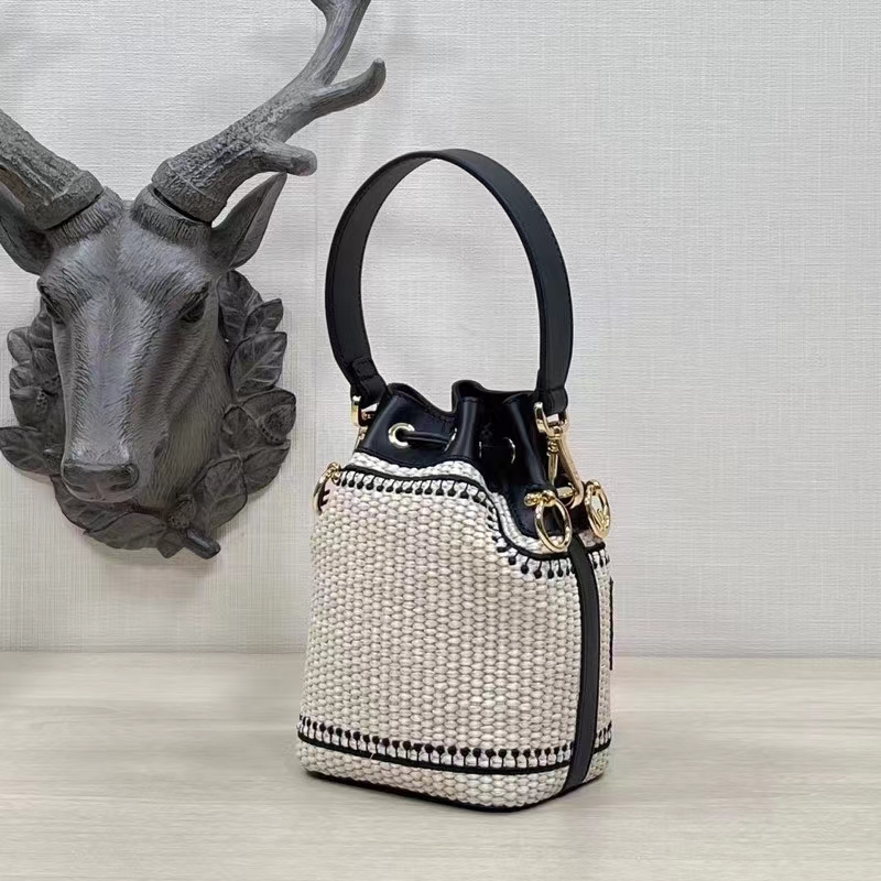 Fendi Women Mon Tresor Beige Black Straw Mini Bag