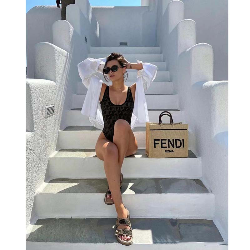 Fendi Women Sunshine Medium Beige Black Straw Shopper