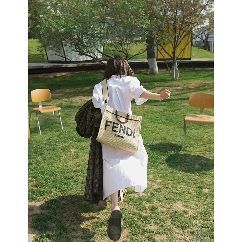Fendi Women Sunshine Medium Beige Black Straw Shopper