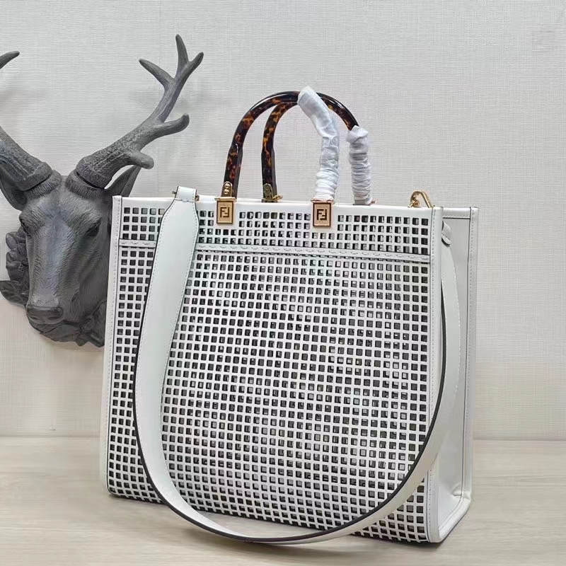 Fendi Women Sunshine Medium White Two-Toned Perforated Leather Shopper