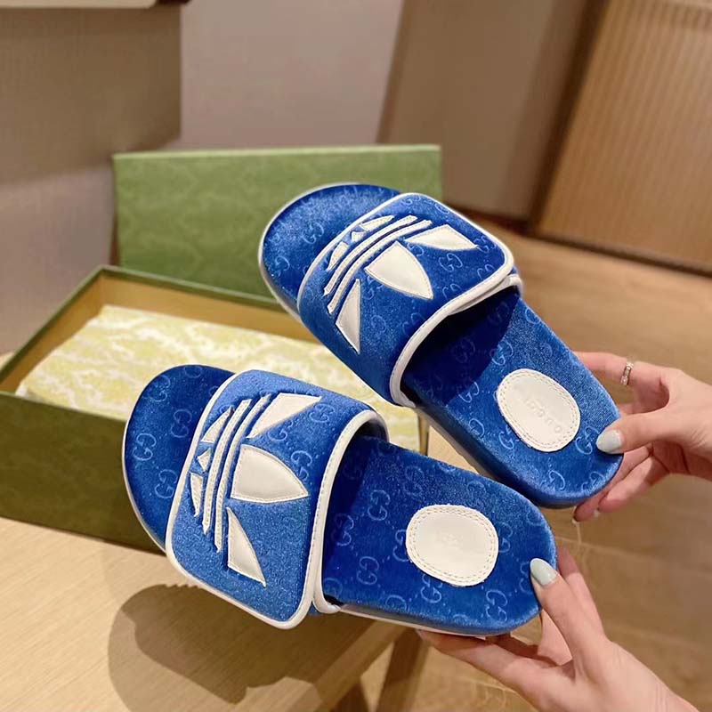 Gucci Unisex Adidas x Gucci GG Platform Sandal Blue GG Cotton Sponge