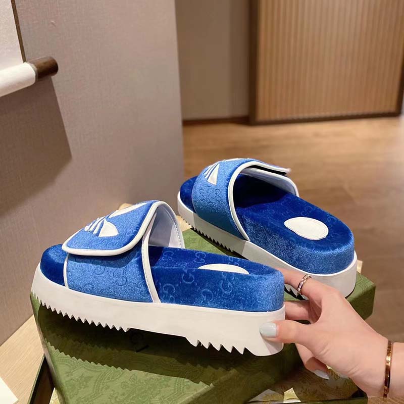 Gucci Unisex Adidas x Gucci GG Platform Sandal Blue GG Cotton Sponge