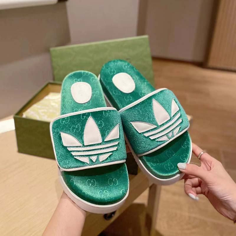 Gucci Unisex Adidas x Gucci GG Platform Sandal Green GG Cotton Sponge