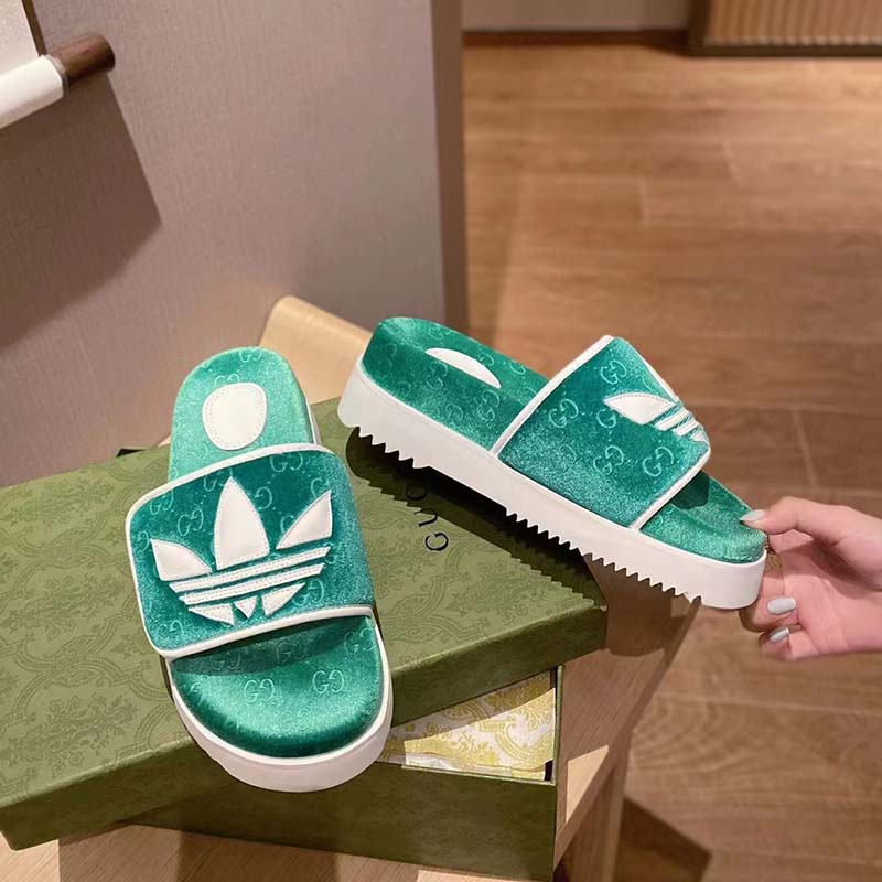 Gucci Unisex Adidas x Gucci GG Platform Sandal Green GG Cotton Sponge