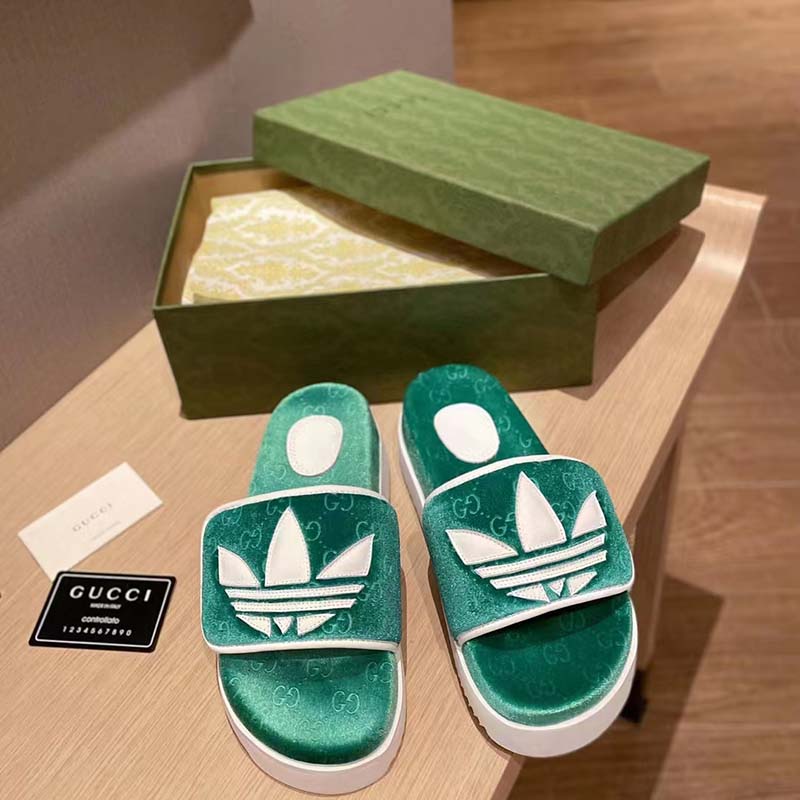 Gucci Unisex Adidas x Gucci GG Platform Sandal Green GG Cotton Sponge