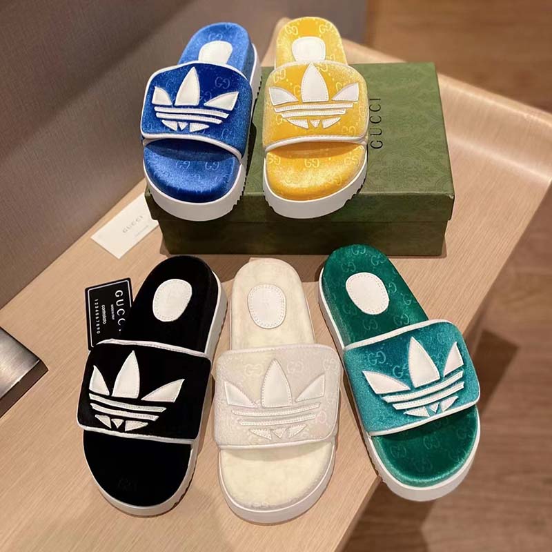 Gucci Unisex Adidas x Gucci GG Platform Sandal Green GG Cotton Sponge
