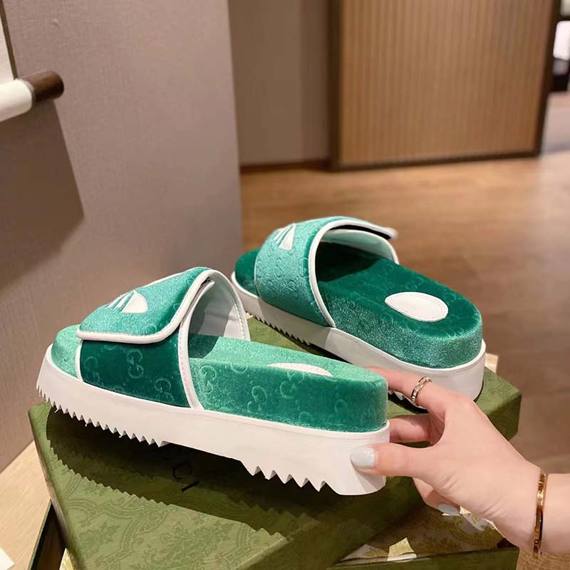 Gucci Unisex Adidas x Gucci GG Platform Sandal Green GG Cotton Sponge