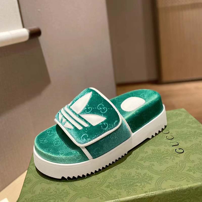 Gucci Unisex Adidas x Gucci GG Platform Sandal Green GG Cotton Sponge