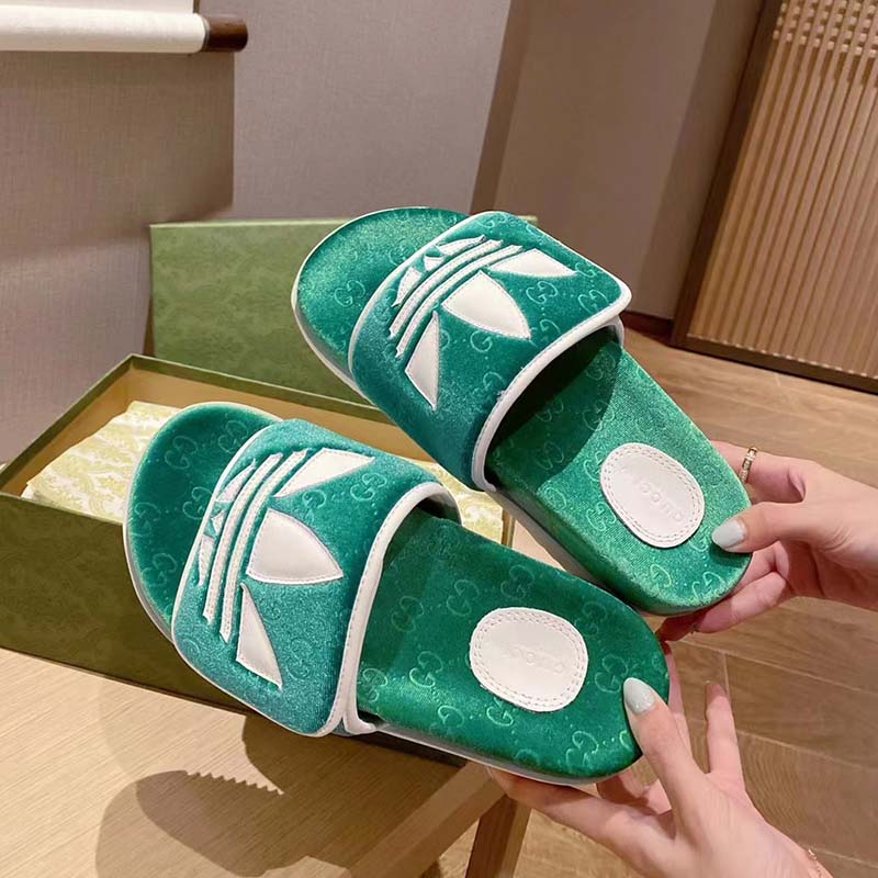 Gucci Unisex Adidas x Gucci GG Platform Sandal Green GG Cotton Sponge