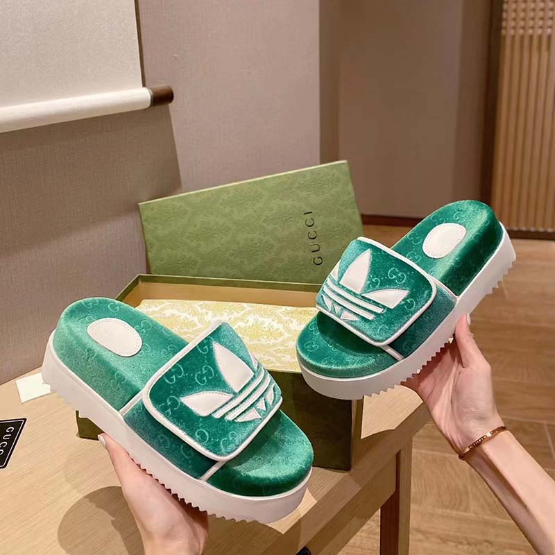 Gucci Unisex Adidas x Gucci GG Platform Sandal Green GG Cotton Sponge